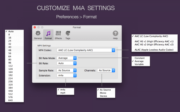 To M4A Converter for Mac - Customize MP4 M4A settings, AAC LC, ALAC, AAC HE codecs, Bit Rate Mode, Auto-selection of audio parameters