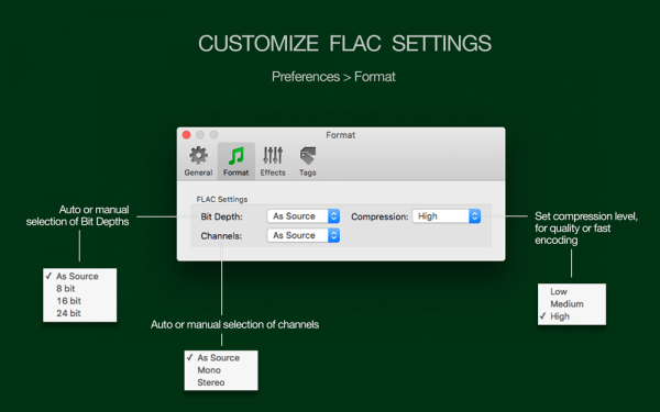 To FLAC Converter for Mac - Customizable FLAC settings, Preferences - Format, auto-selection of settings