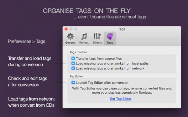 To M4A Converter for Mac - organize tags on the fly, transfer source tags during conversion, load tags from MusicBrainz, load tags from paths