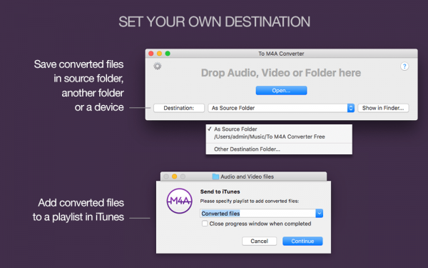 To M4A Converter - iTunes and Apple Music integration, export to iTunes or Music after successful conversion, custom destination folder