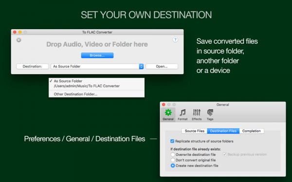 To FLAC Converter for Mac - Custom destination folder, conversion to the source folder, replication of the structure of source directory, 
