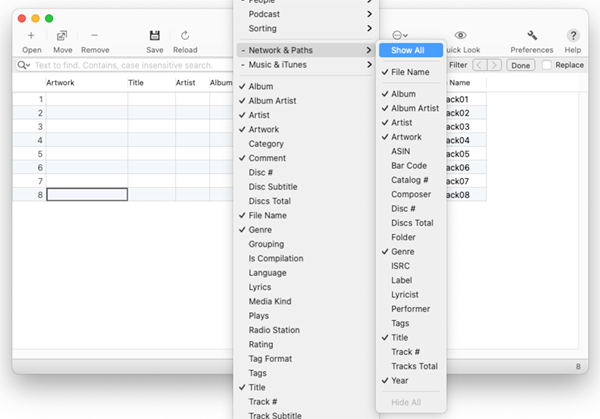 Tag Editor for Mac - showing all columns for loading tags from online databases and path components.