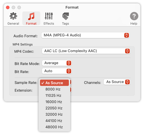 To Audio Converter - MP4/M4A Format Preferences - List of Supported Sample Rates