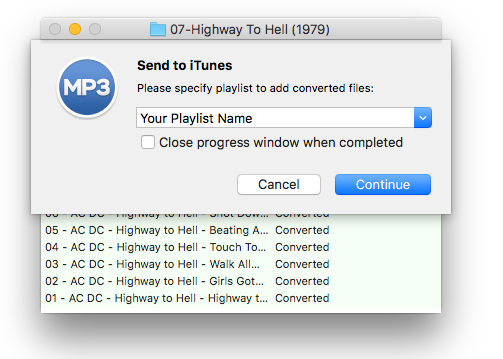To MP3 Converter - Progress Window - exporting to iTunes