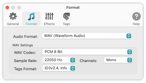 To WAV Converter for Mac OS - Sample Rate, Channels and Audio Codec selected for processing voice audio