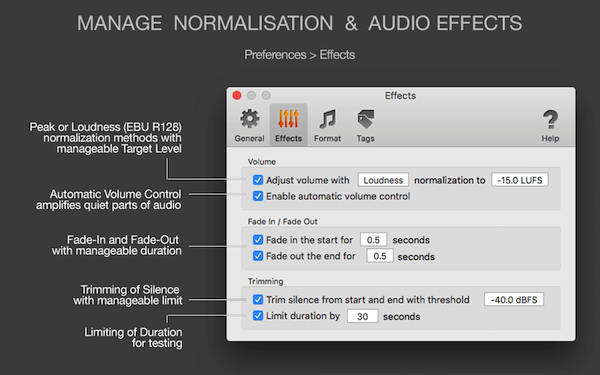 MP3 Normalizer for Mac - Manage normalization and audio effects, Loudness EBU R128 and Peak normalization, Automatic Volume Control, trimming, fade in, fade out effects, limiting duration of output audio