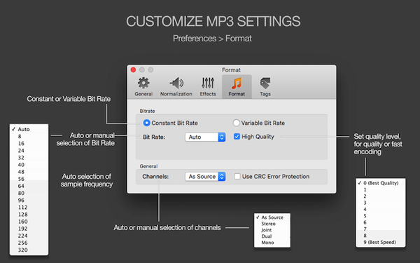 MP3 Normalizer for Mac - Customization of MP3 settings, auto-selection of parameters, automatic bit rate, automatic sample rate, automatic channels, Variable Bit Rate, Constant Bit Rate