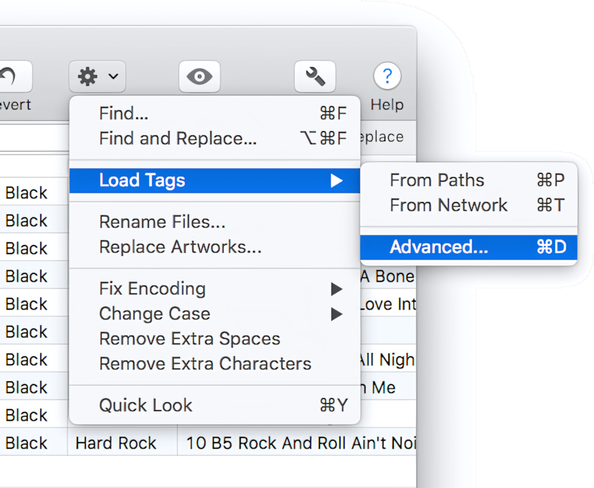 Advanced tag load menu in Tag Editor for Mac