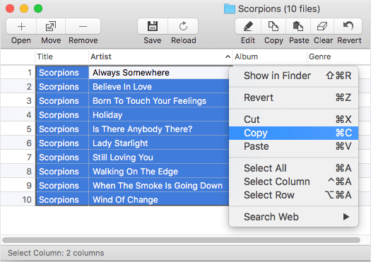 How to select few columns in Amvidia Tag Editor for Mac