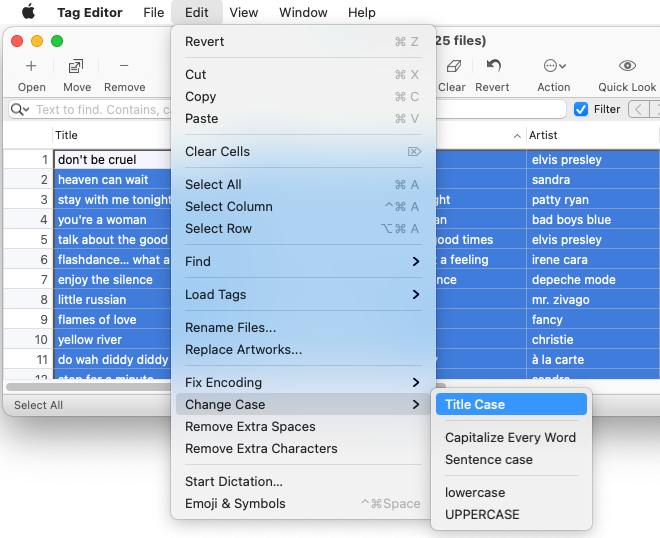 Change audio tags and filenames case with Amvidia Tag Editor for Mac