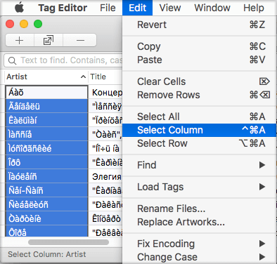 Select column to fix encoding with Amvidia Tag Editor for Mac