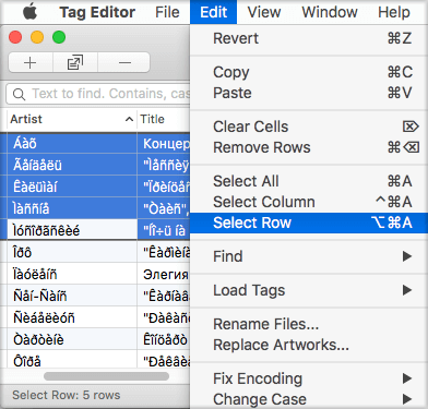 Select rows to fix encoding with Amvidia Tag Editor for Mac