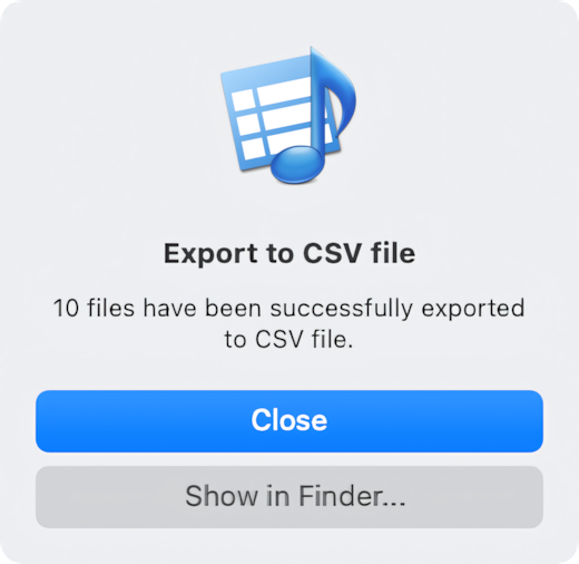 Final message after exporting to a CSV file in Amvidia Tag Editor for Mac
