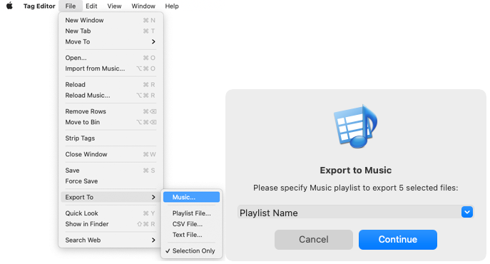 Export to Music window in Tag Editor for Mac.