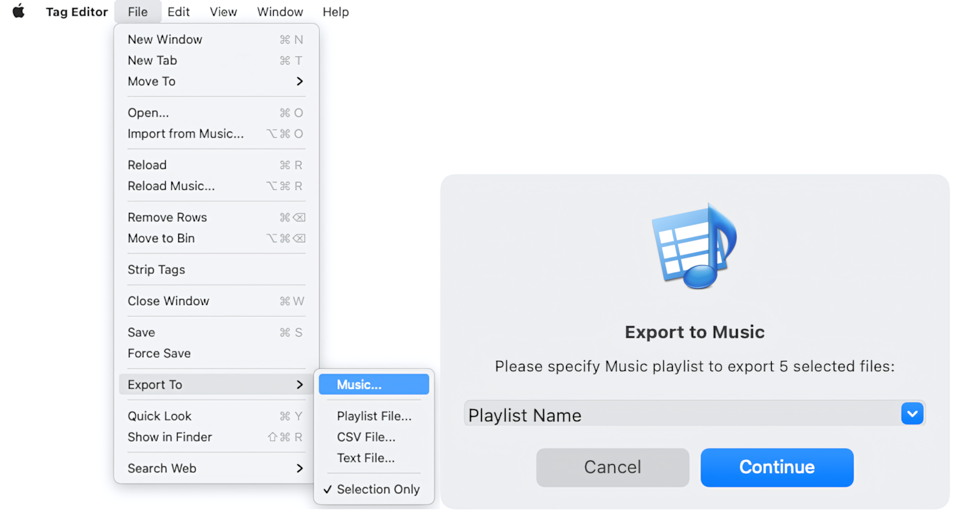 Export to Music window in Tag Editor for Mac.