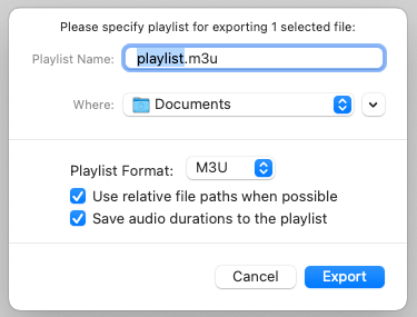 Export files to M3U Playlists from Amvidia Tag Editor for Mac