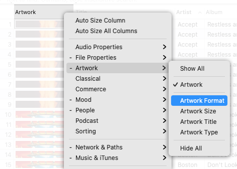 How to show the Artwork Format column in Tag Editor for Mac