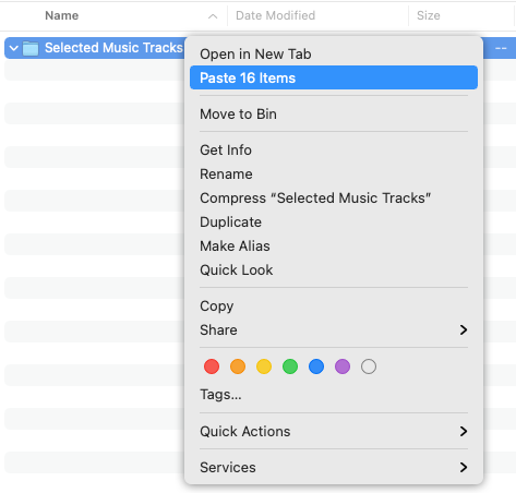 Paste files from the Tag Editor into the folder in Finder