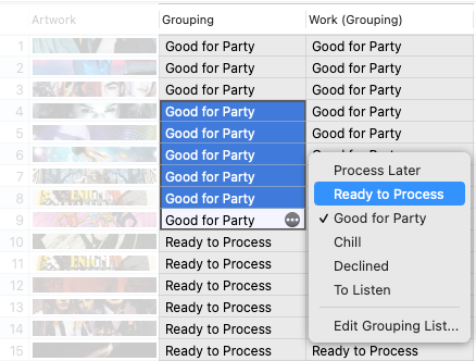 How to edit the Grouping and Work (Grouping) columns in Tag Editor for Mac