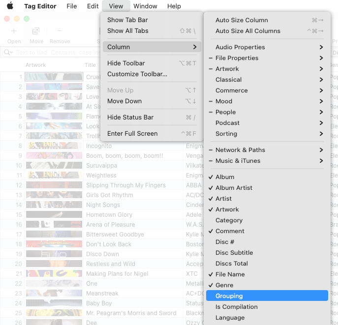 How to show the Grouping column in Tag Editor for Mac