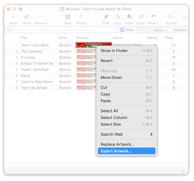 Exporting Artwork via Context Menu of Artwork Cells