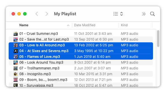 MP3 files selected in Finder