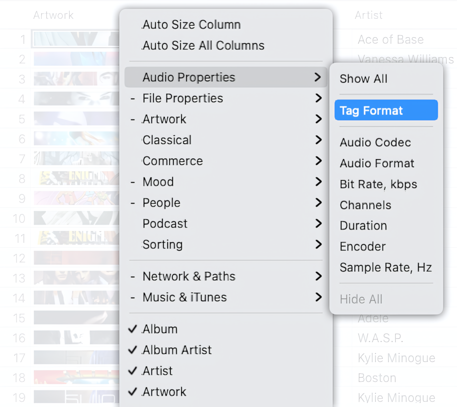 How to show the Tag Format column in Tag Editor for Mac