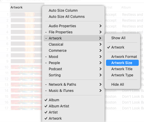 How to show the Artwork Size column in Tag Editor for Mac