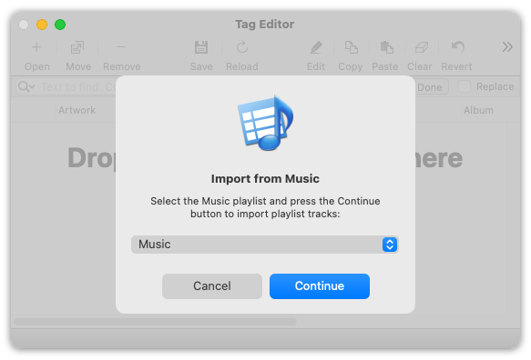 Import from Music/iTunes windowu in the Tag Editor for Mac