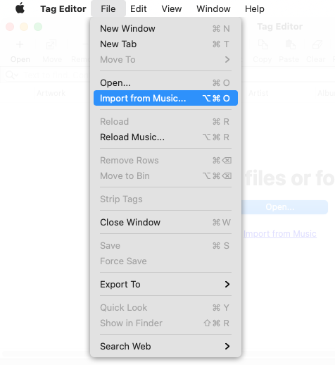 Import from Music/iTunes menu in the Tag Editor for Mac