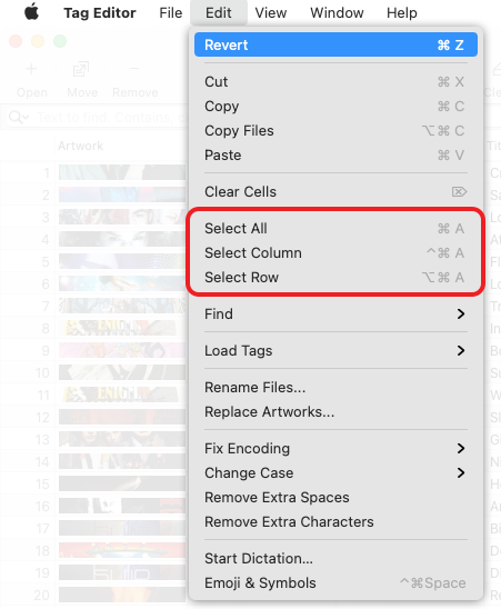 Edit / Revert menu command in the Tag Editor for Mac