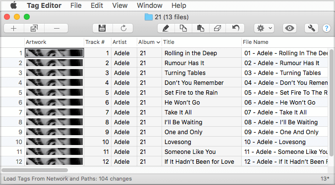 Changed cells with loaded tags are highlighted in gray.