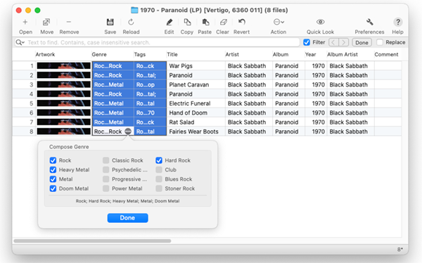 Tag Editor for Mac - The result of loading Genre and Tags from online databases