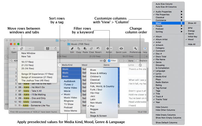 Column and Row Management - Amvidia Tag Editor for Mac