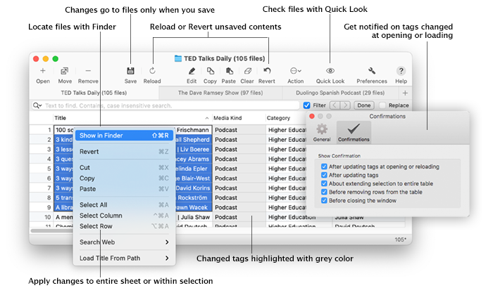 Save, revert changes or reload files in the Tag Editor for Mac