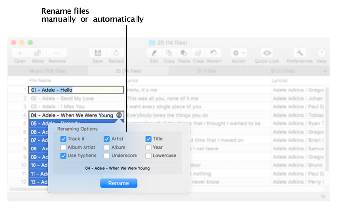 Renaming Media Files - Amvidia Tag Editor for Mac
