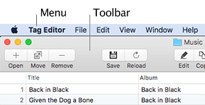 Menu and toolbar in Tag Editor for Mac