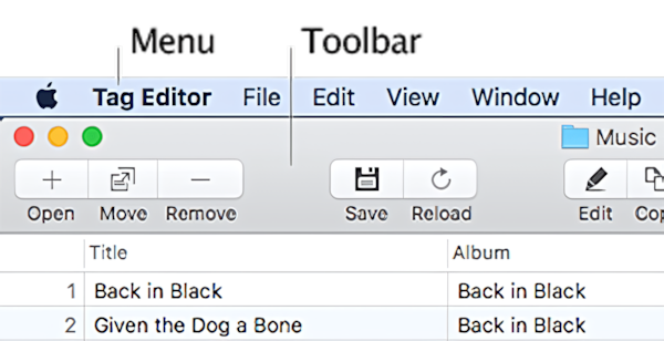 Menu and toolbar in Tag Editor for Mac