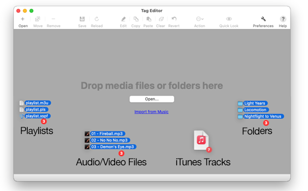 Tag Editor for Mac - Drop playlists, audio and video files, one ore more folders, or iTunes tracks