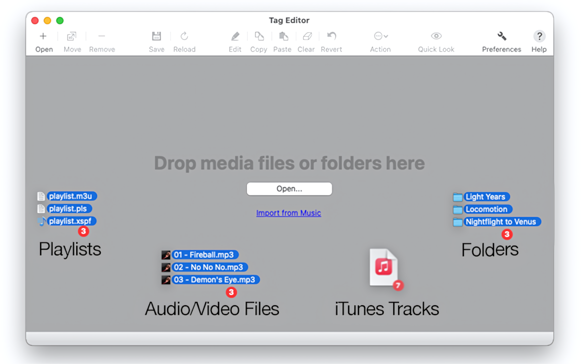 Tag Editor for Mac - Drop playlists, audio and video files, one or more folders, or iTunes tracks