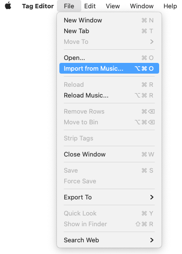 Import from Music/iTunes menu in the Tag Editor for Mac
