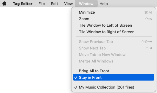 Tag Editor for Mac - Window / Stay in Front