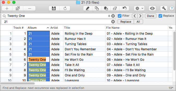 Replace function in Tag Editor for Mac