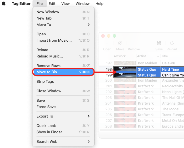 Move selected audio tracks to the Bin in Amvidia Tag Editor for Mac