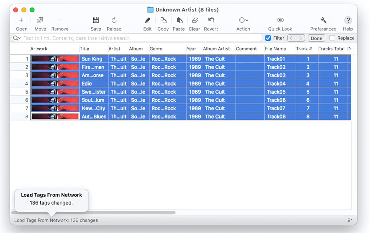 Tag Editor for Mac - selection of rows and loading audio metadata from online databases - result