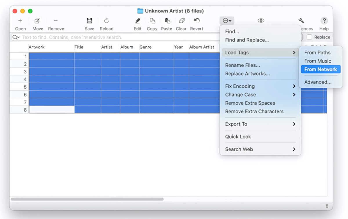 Tag Editor for Mac - selection of rows and loading audio metadata from online databases