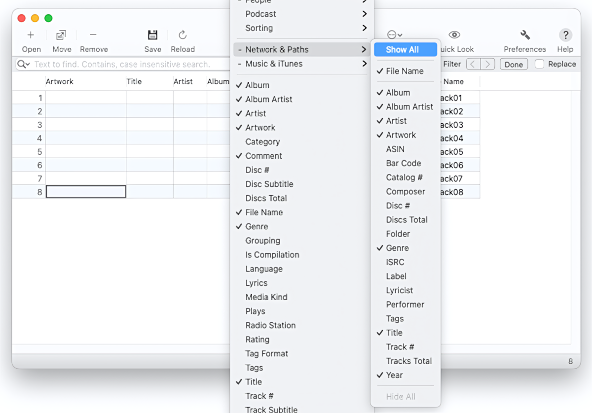 Tag Editor for Mac - showing all columns for loading tags from online databases and path components.