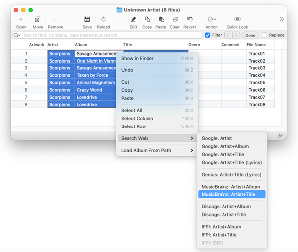 Tag Editor for Mac - Getting the right Album via File / Search Web