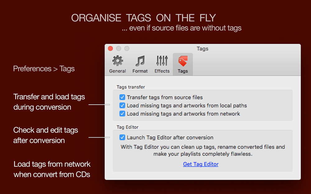 Tag organising with To Audio Converter for Mac