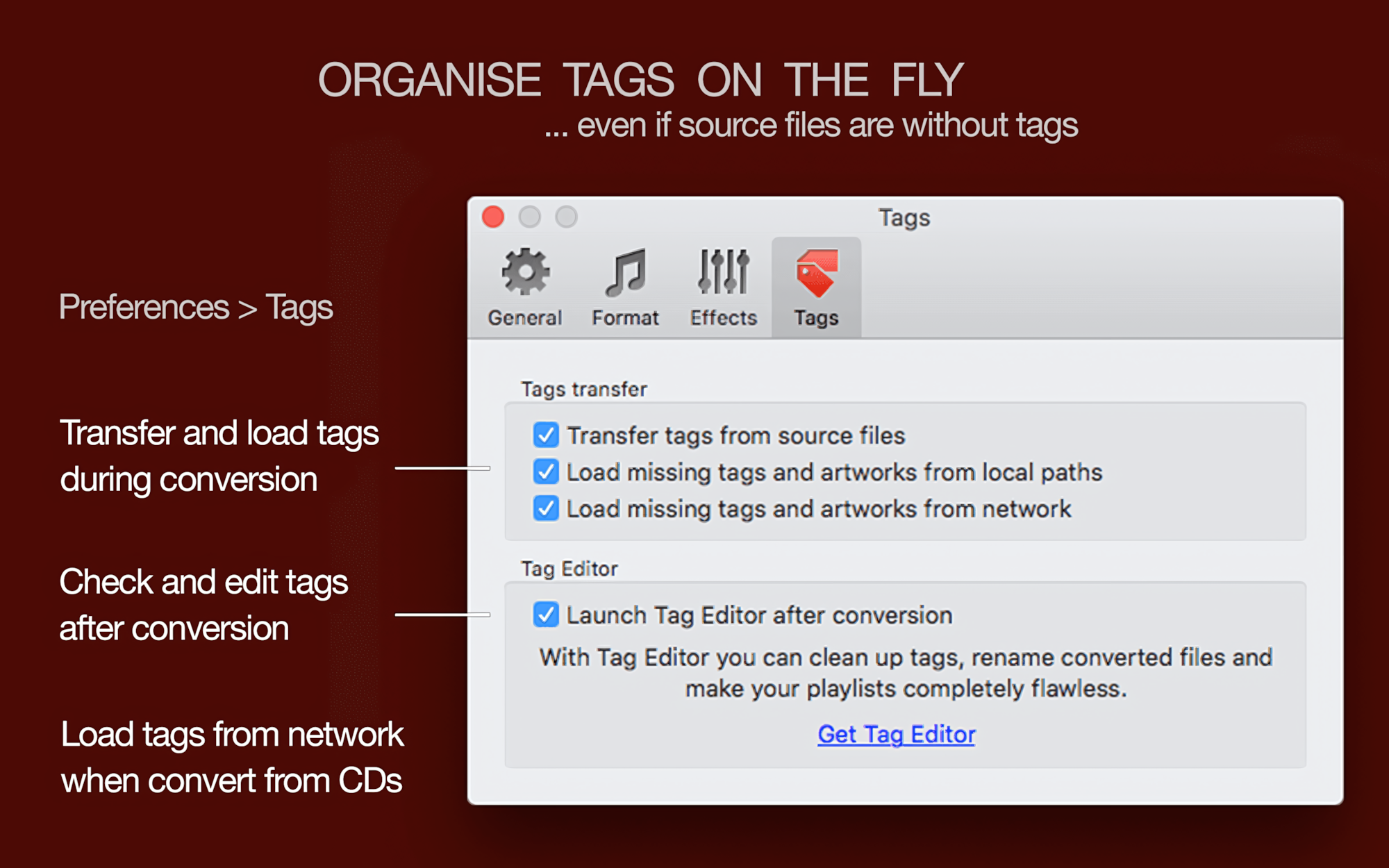 Tag organising with To Audio Converter for Mac